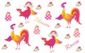 Russian pattern with magic bird Sirin, flowers, rooster and matryoshka