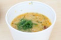 Russian pea soup with bacon in a styrofoam bowl Royalty Free Stock Photo