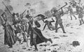 Russian peasants attack lagging French. From a picture by Maurice Orange in the old book The life of Napoleon, by W. Sloon, 1896, Royalty Free Stock Photo