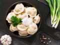 Russian pelmeni, ravioli, dumplings with meat Royalty Free Stock Photo