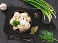 Russian pelmeni, ravioli, dumplings with meat Royalty Free Stock Photo