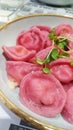 Russian pink ravioli with shrimp