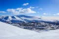 Russian polar city with panel houses in winter Khibiny mountains Royalty Free Stock Photo