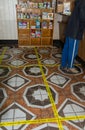 in the Russian Post office marking on the floor to maintain social distance.