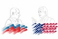 Russian President Putin and US President Joe Biden. Graphic linear portraits against background of state flags. Meeting of heads