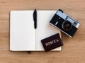 Russian Press card, open a Notepad, pen and a film camera Royalty Free Stock Photo