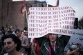 Russian protester with a poster against mobilization at a demonstration in Yerevan