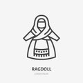 Russian rag doll flat line icon. Vector thin sign of traditional ragdoll, folk logo. Handmade textile toy outline