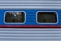 Museum of the railway. Design of a passenger train. Wall with windows. Exterior details.