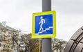 Russian road sign `Pedestrian underpass subway`, installed next to entrance to underpass. Road sings in city. City infrastructur