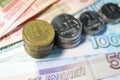 Russian roubles banknotes and coins background closeup Royalty Free Stock Photo