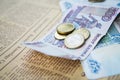Russian roubles banknotes and euro and dollars coins Royalty Free Stock Photo