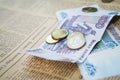Russian roubles banknotes and euro and dollars coins Royalty Free Stock Photo