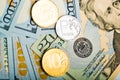 Russian roubles coins on banknotes of us dollars Royalty Free Stock Photo