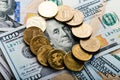 Russian roubles coins on dollars Royalty Free Stock Photo