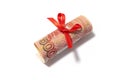 Russian roubles with red bow isolated on the white background Royalty Free Stock Photo
