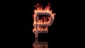 Russian rubel sign burning in flames on the glossy surface