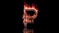 Russian rubel sign burning in flames on the glossy surface