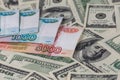 Russian rubl and us dollar banknotes close-up with selective focus Royalty Free Stock Photo