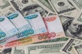 Russian rubl and us dollar banknotes close-up with selective focus Royalty Free Stock Photo