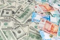 Russian rubl and us dollar banknotes close-up with selective focus Royalty Free Stock Photo