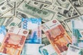 Russian rubl and us dollar banknotes close-up with selective focus Royalty Free Stock Photo