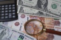 Russian ruble against us dollars, banknotes close-up