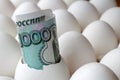 Russian ruble banknote in empty egg shell in cardboard tray closeup