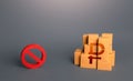 Russian ruble boxes and prohibition symbol NO. Ban on import goods. Impossibility of transportation, oversupply. Sanctions and