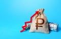 Russian ruble money bag and red up arrow. Economic growth, GDP. Increase in the deposit rate. Increase income and business Royalty Free Stock Photo