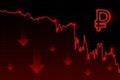 Russian ruble red downfall crisis of economy. Vector illustration