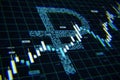 Russian ruble symbol made of digital dots on dark screen with forex candlestick chart and financial data display in abstract Royalty Free Stock Photo