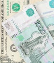 Russian rubles and american dollars close up. Economic crisis, decline of the world economy concept. Currency exchange Royalty Free Stock Photo