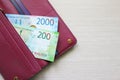 Russian rubles bills in a leather wallet. Fucsia red wallet, purse. Wood background. Banknotes. Money in cash. Stack of notes. Fan