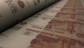 5000 Russian rubles bills on money printing machine. Printing cash. Banknotes. 3D render.