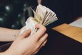 Russian rubles in the hand of a fan.male hand holding many of the Russian banknotes.The transfer of money.The Royalty Free Stock Photo