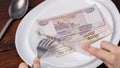 Russian rubles on a plate.Sawing the budget, the living wage, or the dual currency basket in Russia.The crisis in countries is