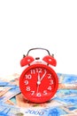 Russian rubles and red alarm clock white background.Time Russian ruble Royalty Free Stock Photo
