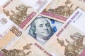 Russian rubles rub and american dollars usd exchange rate concept, ruble devaluation and financial loss