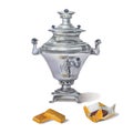 Russian samovar with chocolate candy in golden candy wrappers. Isolated on white background. Tea drinking in the Russian style,