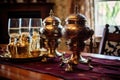 russian samovar with tea glass holders on a table