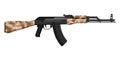 Russian sandy desert khaki camouflage AK 47 Kalashnikov assault rifle with butt. Concept of terrorism and war