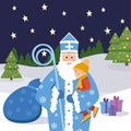 Russian Santa Claus in blue clothes. New year old man with beard and mustache. Bag with presents. Little child with