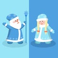 Ded Moroz Russian Santa Claus with Granddaughter on a blue background