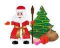 Russian Santa Claus or Father Frost also known as Ded Moroz with staff and keeps a bag full of gifts to Christmas tree. Happy New Royalty Free Stock Photo