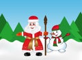 Russian Santa Claus or Father Frost also known as Ded Moroz with staff and Snowman in the snow forest on the background Royalty Free Stock Photo