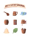 Russian sauna. Bathing baden accessories relax hot place hat broom bathroom garish vector sauna items collection cartoon