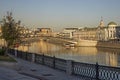 Russian scene: River trips on the Moscow river, view for the Vodootvodny canal in Moscow near Bolotnaya square at dusk