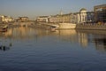 Russian scene: River trips on the Moscow river, view for the Vodootvodny canal in Moscow near Bolotnaya square at dusk