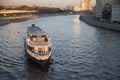 Russian scene: River trips on the Moscow river, view for the Vodootvodny canal in Moscow near Bolotnaya square at dusk Royalty Free Stock Photo